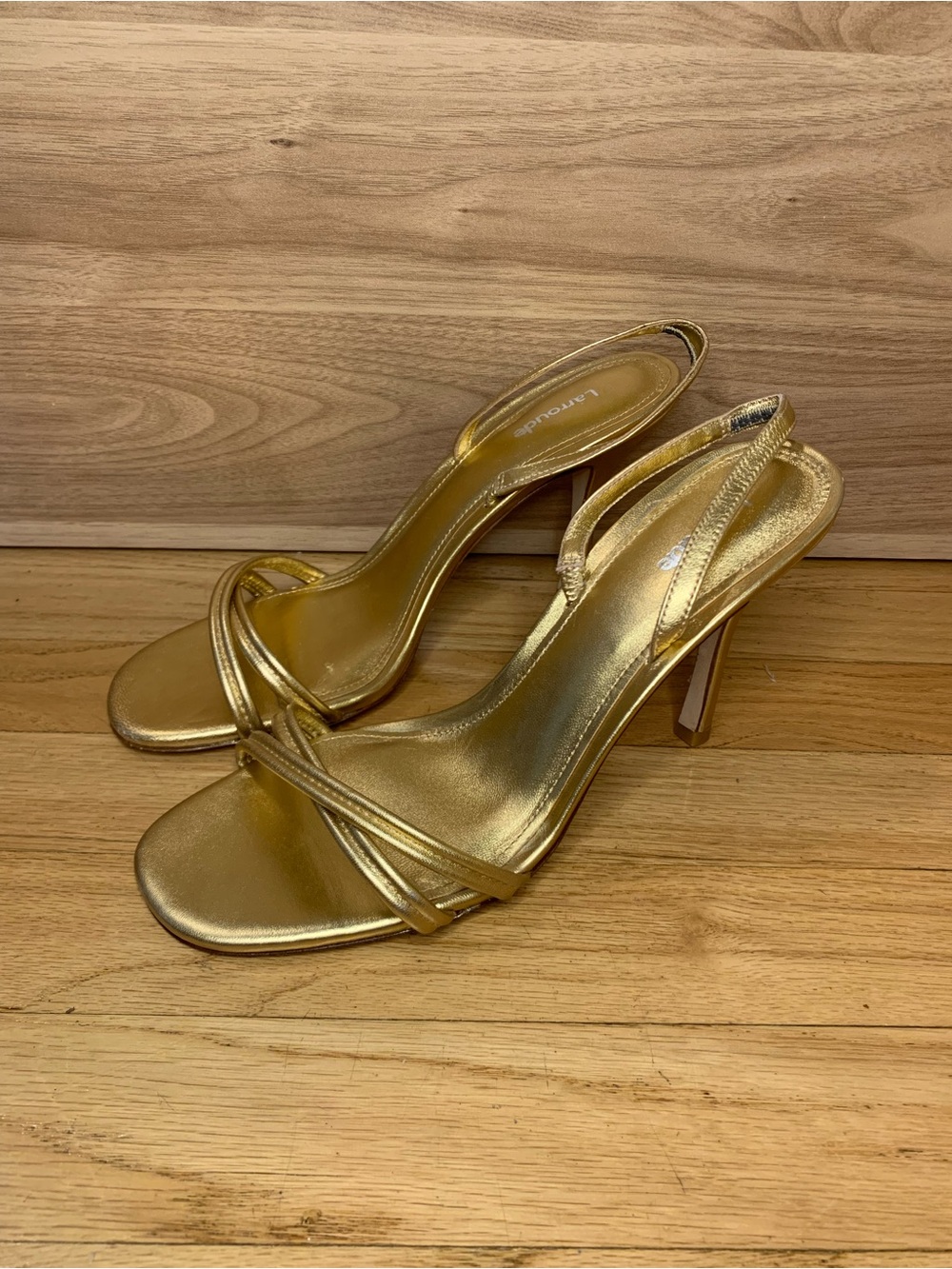 Larroude Annie Strappy Slingback Heels in Metallic Gold Leather - Size 10